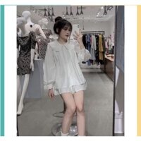 Set Áo Sơ Mi Bánh Bèo Tay Phồng Kèm Chân Váy Tennis Trắng Nữ