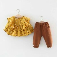 Sét áo sơ mi bèo chấm bi kèm quần kaki cực xinh cho bé