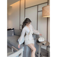 set áo sơ mi buộc vạt mix chân váy ren