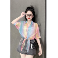 Sét Áo Sơ Mi Buộc Vạt Sắc Màu CẦU VÒNG Chất Voan  Mỏng Mát Kèm Áo Bra Siêu Xinh Phối Đồ Cực Đẹp, Đi Biển , Đi Chơi