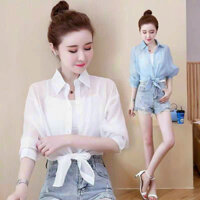 Set áo sơ mi buộc vạt von mỏng xuyên thấu sexy phối áo 2 dây cotton