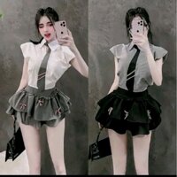 Sét áo sơ mi cánh dơi kèm chân váy tầng đính nơ (có quần trong), kiểu thanh lịch, nữ tính, trẻ trung