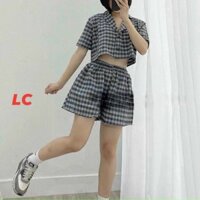 set áo sơ mi caro cổ vest phối với quần váy