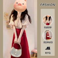 Set Áo Sơ Mi Chấm Bi Ngắn Tay Nơ Bướm Trẻ Trung Phong Cách Hàn Quốc Mùa Hè Cho Nữ Áo Chân Váy Cạp Cao Bộ Hai Chiếc