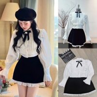Set Áo Sơ Mi Cổ Bèo Phối Nơ Kèm Chân Váy Xòe Bigsize Quỳnh Anh Từ 50kg Đến 100kg S/M,/L/XL/XXL SBX1425