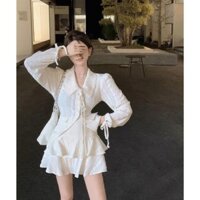 Set áo sơ mi cổ bèo ren kèm chân váy 2 tầng Đầm tiểu thư xinh