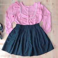 Sét áo sơ mi cổ bèo viền ren phối chân váy xoè Cao Cấp