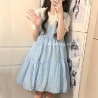 Set Áo Sơ Mi Cổ Búp Bê Phối Bèo + Chân Váy Màu Xanh Dương Thời Trang Xinh Xắn Cho Nữ