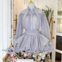 Set áo sơ mi cổ nhọn kèm chân váy bồng xòe chất voan tơ sang chảnh