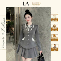 Set áo sơ mi cổ nơ phối chân váy xếp li cúc bọc có túi hàng thiết kế TRANGTAYFASHION