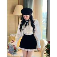 Set áo sơ mi cổ nơ tiểu thư mix chân váy nhung ngắn ren xinh