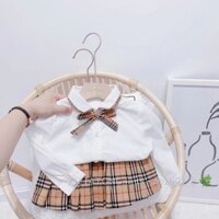 Set áo sơ mi cổ sen nơ - chân váy kẻ S0056