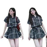 Set Áo Sơ Mi Cộc Tay+Chân Váy Bí Phồng Có Quần Bảo Hộ - Dây Đai Rời chất Thô mềmPhongCách Trẻ Trung