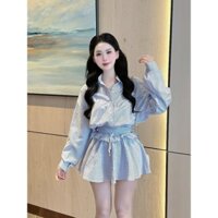 Sét áo sơ mi croptop kèm chân váy xòe viền bèo kẻ sọc tăm [ẢNH THẬT] hàng loại 1