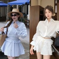 Set áo sơ mi croptop mix chân váy xoè phối bèo bo chun lưng