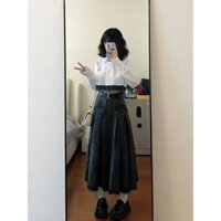 Set áo sơ mi croptop phối jean dài tay mix chân váy jean kiểu vintage dáng dài -Set áo sơ mi croptop kèm chân váy dài