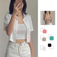 Set áo sơ mi croptop thun gân tăm mềm 2 in 1 nhiều màu Lovi - Đen