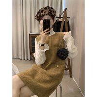 Set Áo Sơ Mi Dài Tay Bồng Cổ Cao Bèo Nhún, Váy Dạ Sát Nách Cổ Tròn Kiểu Dáng Hàn Quốc Thanh Lịch
