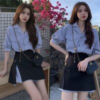Set Áo Sơ Mi Dáng Dài Ngắn Tay Kẻ Sọc Kèm Chân Váy Quây Xẻ Thời Trang Nữ