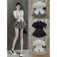 Set Áo Sơ Mi Dây Kéo Trước Tay Ngắn Chân Váy Xếp Ly Dáng Ngắn