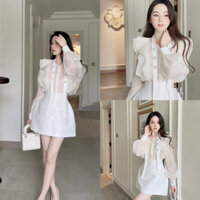 Set Áo Sơ Mi Đính Hoa Đá, Chất Tơ Hàng May 2 Lớp, Mix Chân Váy Tacta Có Quấn Trong (FreeShip)
