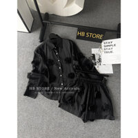 Set áo sơ mi đính hoa quần cạp chun voan tơ cao cấp 04085