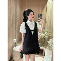 Set Áo Sơ Mi Đính Hoa Tay Mix Yếm Kết Nơ Nhẹ Nhàng