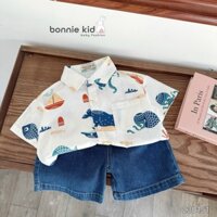 Set áo sơ mi hình cá quần short jean