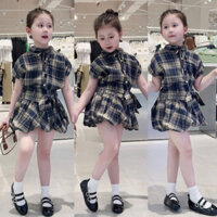 SET ÁO SƠ MI KẺ CARO PHỐI CHÂN VÁY BÍ THẮT NƠ CỰC DỄ THƯƠNG CHO BÉ GÁI 10-30KG