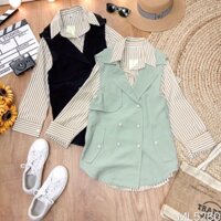 Set áo sơ mi kẻ cổ đúc và áo khoác sát nách phối cúc đôi