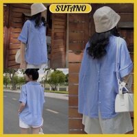 Set áo sơ mi kẻ cộc tay phối cúc sau và quần short trắng phong cách trẻ trung B98 SUTANO