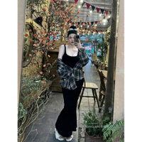 Set áo sơ mi kẻ kèm váy hai dây body thun co dãn chất đẹp hot hit Women Dress Nữ