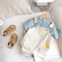 Set Áo Sơ Mi Kẻ Sọc Caro + Quần Yếm Phong Cách Hàn Quốc Cho Bé Trai
