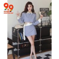 Set Áo Sơ Mi Kẻ Sọc Xanh Dương Phối Chân Váy Lưng Cao Thời Trang Mùa Thu Hàn Quốc 2023