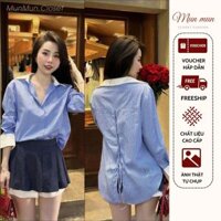 Sét Áo Sơ Mi Kẻ Sọc Xanh Phối Cổ Trắng Dài Tay Đan Dây Lưng Kèm Chân Váy Denim Xếp Ly 2 Vạt Trắng