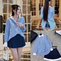 Sét Áo Sơ Mi Kẻ Sọc Xanh Phối Cổ Trắng Dài Tay Đan Dây Lưng Kèm Chân Váy Denim Xếp Ly 2 Vạt Trắng Có Size S M - Halinh H