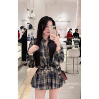 SÉT ÁO SƠ MI KẺ VÀ CHÂN VÁY BÍ NƠ EO SIÊU HITHOT