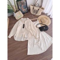 set áo sơ mi kem+chân váy lụa kem laviecloset