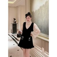 SET ÁO SƠ MI KEM VOAN TƠ CỔ CAO BÈO TAY PHỒNG + ĐẦM BABY DOLL YẾM ĐEN SÁT NÁCH ĐÍNH NƠ (TH)