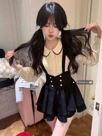 Set Áo Sơ Mi Kiểu Tay Bồng, Cổ Sen, Xếp Bèo Ngực Và Váy Yếm 2 Dây Cánh Tiên Dáng Xòe Tầng Phối Nơ Trắng Sau Dễ Thương