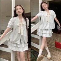 Set Áo Sơ Mi Linen Kẻ VIERLIN Cổ Nơ Tay Bồng Kèm Chân Váy Xếp 2 Tầng - VS94