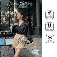 Set Áo Sơ Mi Lụa Cổ V Chân Váy Đính Nơ Cách Điệu ORORA Chất lụa mềm cao cấp không nhăn đứng form chuẩn dáng