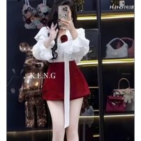 SET ÁO SƠ MI LỤA CỔ V PHỐI BÈO TAG HOA PHỐI CHÂN VÁY CHÉO HÀN HÀNG TK