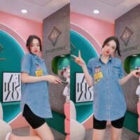 Set áo sơ mi mickey jean + quần legging ngố lưng bảng