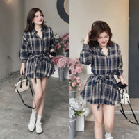 Sét áo sơ mi mix chân váy bí xòe kẻ sọc caro chất kate nỉ có kèm quần trong, dành cho nữ đi chơi ht Luna