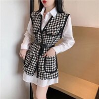 Set áo sơ mi mix gile kẻ dạ siêu hot hit,áo nữ kiểu xinh xắn đi làm đi chơi đều cute