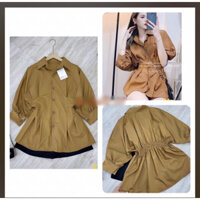 Set Áo Sơ Mi Nâu Tây Tay Lỡ Xếp Ly Chun Eo Kèm Quần Đùi Đen