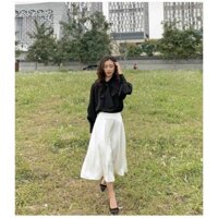 Set áo sơ mi nơ cổ + chân váy trắng