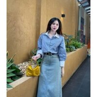 Set Áo Sơ Mi Nữ Kẻ Xanh Đen Dài Tay Phối Trắng Mix Chân Váy Jean Xẻ Sau Sang Chảnh