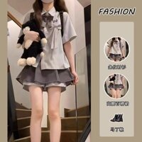 Set Áo Sơ Mi Nữ Ngắn Tay Kẻ Sọc Quần Váy Ngắn Xếp Ly Cạp Cao Phong Cách Học Đường Hàn Quốc Trẻ Trung Mùa Hè